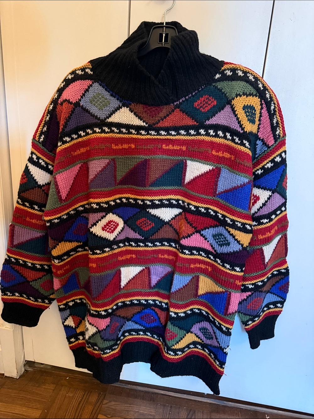Vintage Wool Multicolor Geometric Half-Turtleneck Sweater - Black Collar